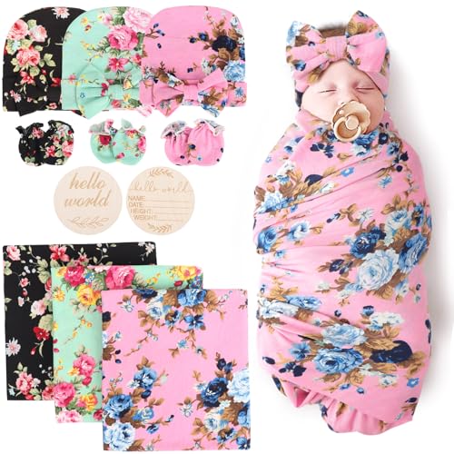 Image of DRESHOW BQUBO Floral Swaddles for Baby Girl Newborn Receiving Blanket with Bow Hat Mittens Wooden Birth Announcement Card Set Baby Floral Print Swaddle Nursery Swaddle Wrap