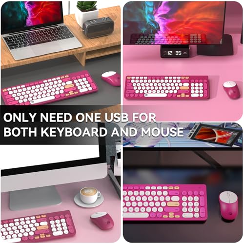 Image of FD Wireless Keyboards and Mouse Combo - 2.4GHz USB Cordless, Cute Wireless Keyboard Round Keys, Quiet and Slim Set for Laptop, Computer, TV and Mac - Strawberry White Colorful
