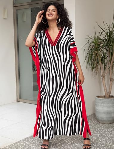 Image of KECVOT Kaftan Dresses for Women V-Neck Print Swimsuit Cover Up Plus Size Beach Caftan Lounge Dress