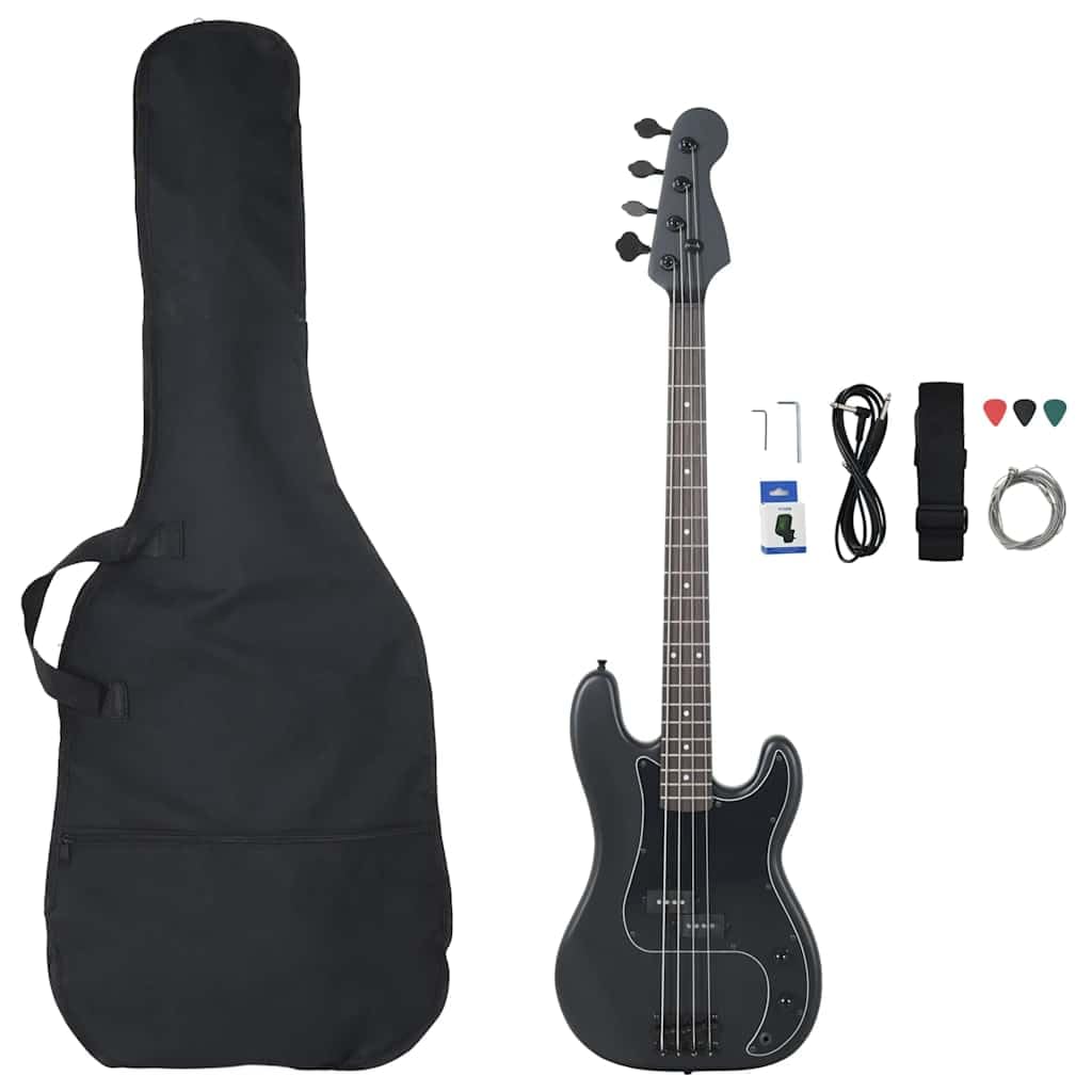 E-Bass Gitarre für Anfänger Set 4/4 Größe 46 Zoll Mattschwarz mit Tasche Stimmgerät Plektrum und Gurt