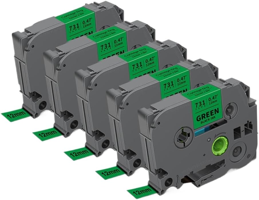 5PK TZe231 Compatible Printer Ribbon 12mm for Label Maker Works with TZe 231 TZ 131 631 Replaces PTH110 Ribbons(Black on Green)