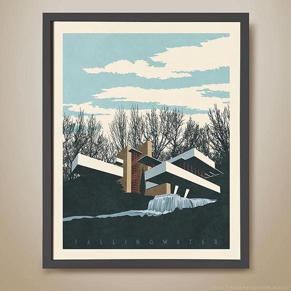 FallingWater Print. Frank Lloyd Wright. Architectural illustration. Famous architecture. Iconic Homes. Famous American Architect #47