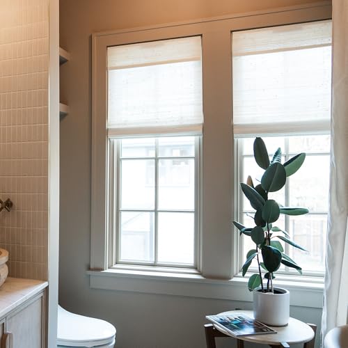 Image of TWOPAGES Natural Cordless Roman Blind Ramie Roman Shade for Windows Customized No Drill Light Filtering Blackout Roman Window Shade, 1 Piece, Rattan White