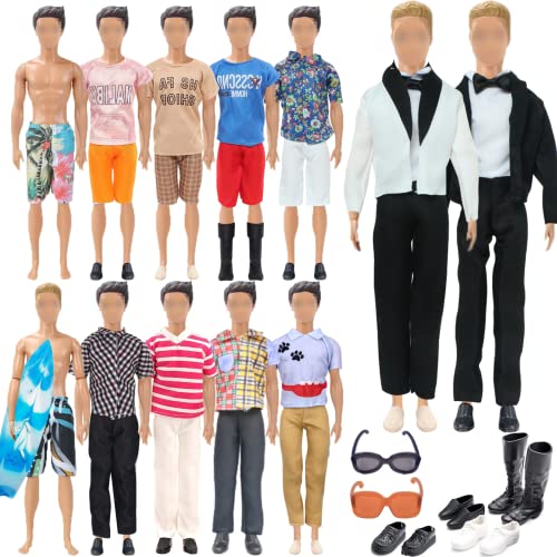 19 PCS Doll Clothes Including Handmade 1 Suit 5 Tops 5 Pants Casual Wear 2 Beach Pants 4 Pair of Shoes 1 Glasses 1 Surfboard for 11.5 Inch Boy Doll Outfits for Boyfriend Doll in Random