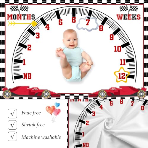 Image of Racing Car Baby Monthly Milestone Blanket Newborn Growth Record Prop Milestone Blanket for Baby Boy Photography Props for Newborn Baby Shower 60 inchx40 inch with Frames
