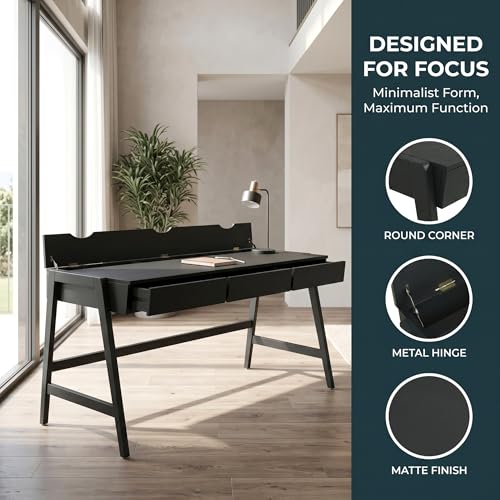 Image of HNY 59 Inches Black Wooden Writing Desk with 3 Drawers, Computer Study Table with MDF Top, Solid Rubberwood Legs and Hidden Cable Management Holes, Corner Makeup Vanity Desk for Home Office, Bedroom