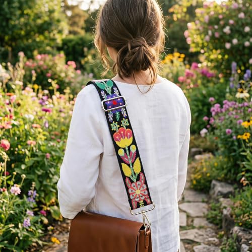 Image of Wide Purse straps Crochet Flower replacement crossbody for Handbag Adjustable Embroidery Knit Guitar Shoulder strap