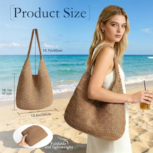 XquiziFit Beach Bags for Women Boho Straw Purse Summer Woven Shoulder Bag Handbag Crochet Mesh Tote Bag Vacation Purse Khaki by XquiziFit - Used condition - Image 6