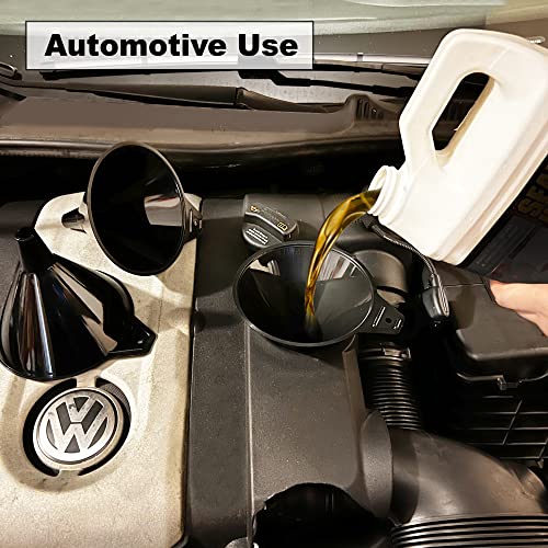 Image of Plastic Funnel for Automotive Use - Kitchen Funnels for Filling Bottles, Jars, Containers or Lab Use - Oil Funnel for Gas, Car Oil, Lubricants and Fluids (Black-3 Pack)