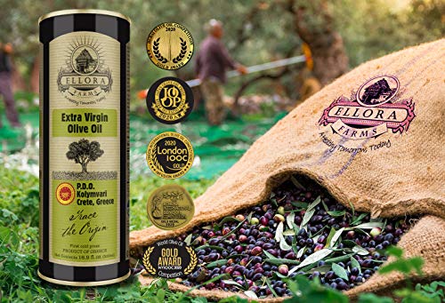 Ellora Farms, Multiple Gold Award Winner, Certified PDO Single Estate Extra Virgin Olive Oil, Traceable, First Cold-Press, Harvested in Crete, Greece. O.U Kosher, 17 oz Tin