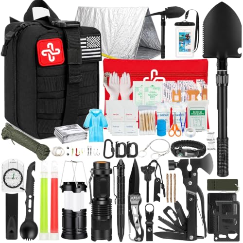 Kit de Sobrevivência com 250 Peças, Kit de Primeiros Socorros com Bolsa Compatível com Sistema Molle e Barraca de Emergência, Ideal para Terremotos, Aventuras ao Ar Livre, Trilhas, Caça (Preto)
