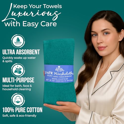 Image of DAN RIVER 24 Pack Wash Cloths for Showering [12x12] - 100% Cotton Washcloths Premium Quality Flannel Face Cloths for Bathroom, Highly Absorbent and Soft Feel Wash Clothes, Teal