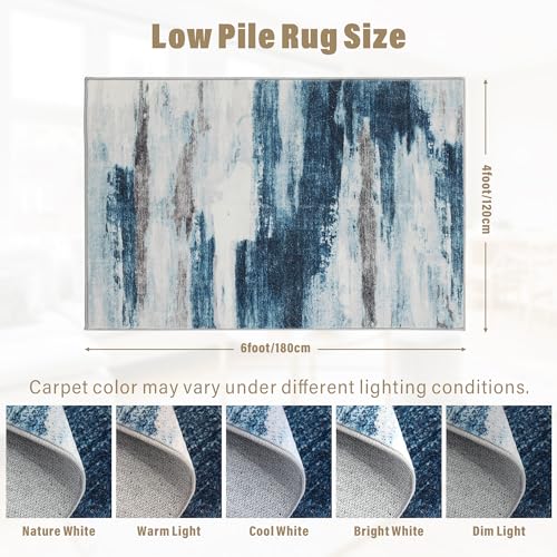 Carvapet 4x6 Rugs for Living Room Bedroom, Washable Dark Blue Modern Abstract Low Pile Carpet with Rubber Backing, Foldable, Non Slip Thin Area Rug