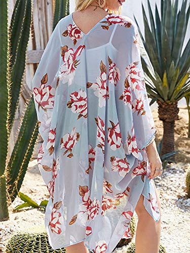 Blusa feminina casual de chiffon com estampa floral e cardigã tipo quimono, Light Blue, Large