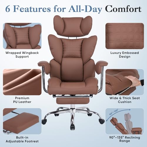 Image of DUMOS Big and Tall Office Chair 400 LBS, Scratch-Resistant PU Leather Executive Office Desk Chair with Footrest, Ergonomic Reclining Computer Chairs with Pocket Spring Support, Brown