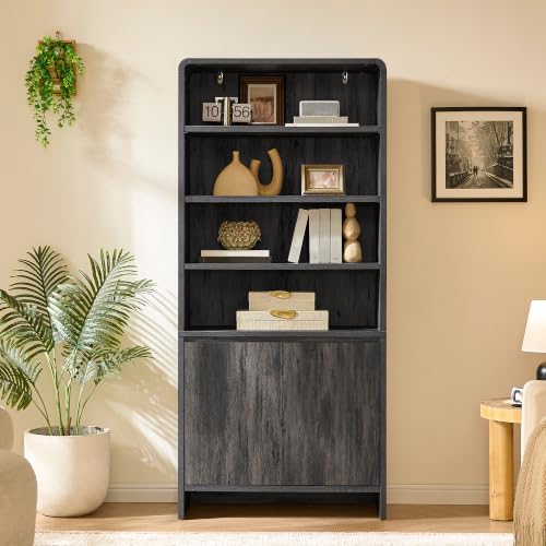 Image of AMERLIFE 71 inch Modern Wood Bookcase with Storage Cabinets, Black | 6 Tier Bookshelf, Large Space, Adjustable Shelves, Curved Design, Ideal for Living Room, Bedroom, Home Office, Easy Assembly