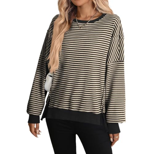 Striped Sweater Women Waffle Knit Long Sleeve Oversized Fall Sweatshirt - image 2