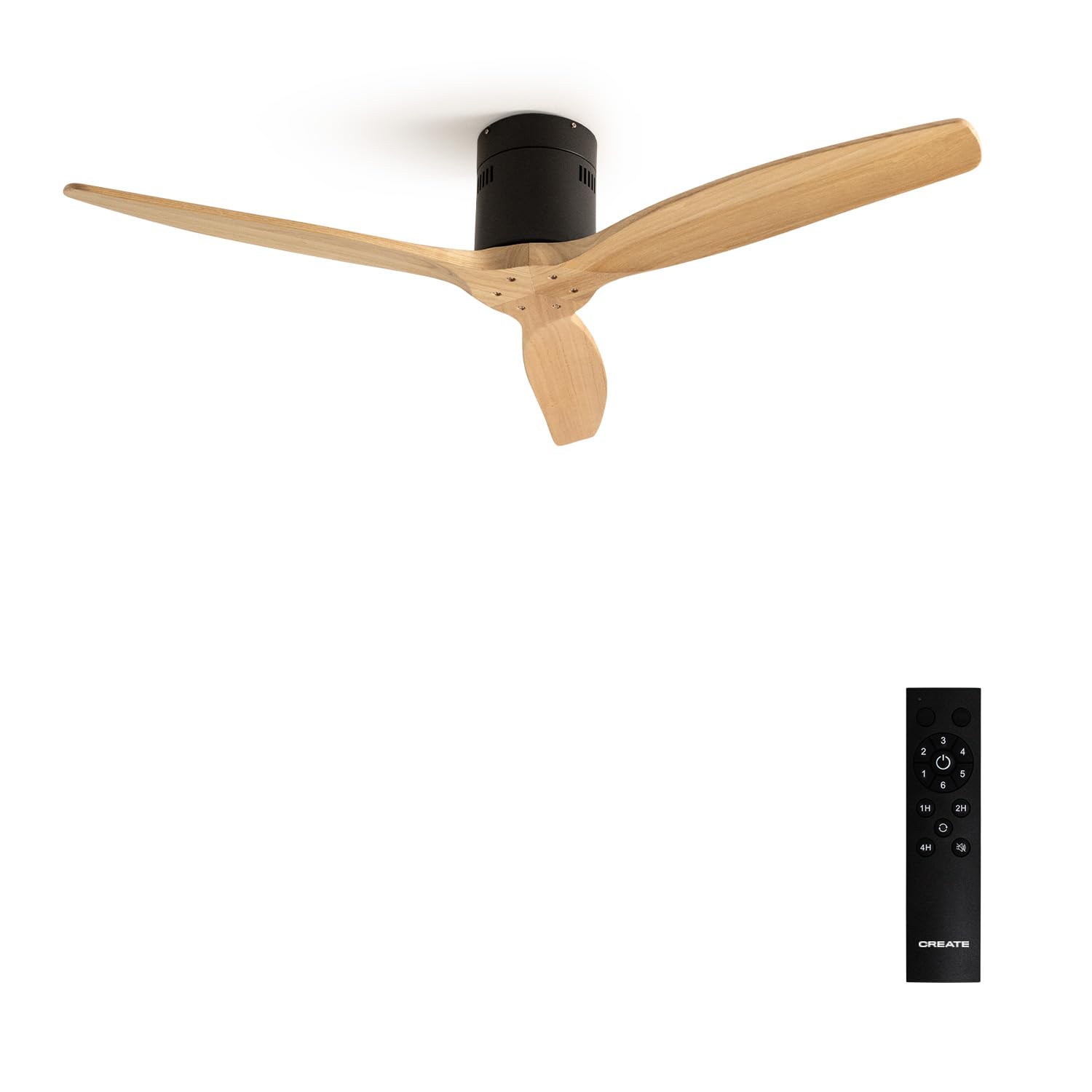 CREATE / WINDCALM DC/​Ventilateur de plafond ABS noir pales effet bois clair / 40W, Silencieux, Ø132 cm, 6 vitesses, minuterie, fonction été hiver