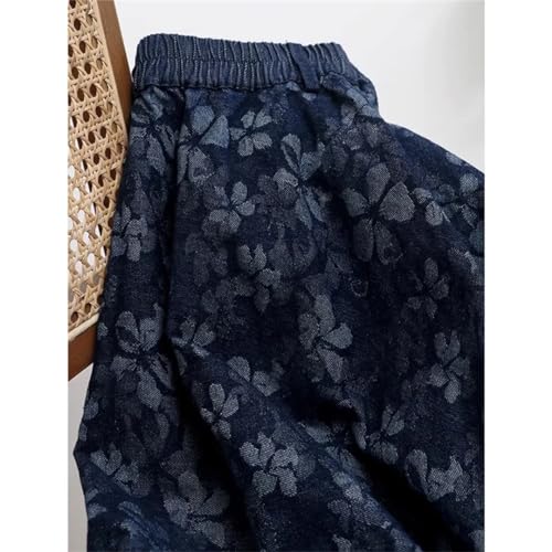 Deep Blue Vintage Long Maxi Women Elastic High Waist Autumn Tassels Printed Denim Skirt with Pockets4