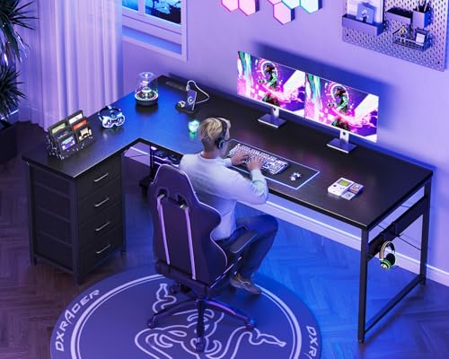 Image of AODK L Shaped Gaming Desk with 4 Drawers, 67 inch Reversible Home Office Desks with Power Outlets, L Shaped Computer Desk with USB Charging Port and Host Stand, Corner Desk, Easy to Assemble, Black