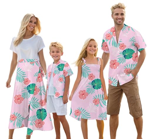 Image of Cromoncent Matching Hawaiian Outfits for Family, Dad and Son Matching Luau Beach Tropical Shirts Mommy Daughter Tropical Sets