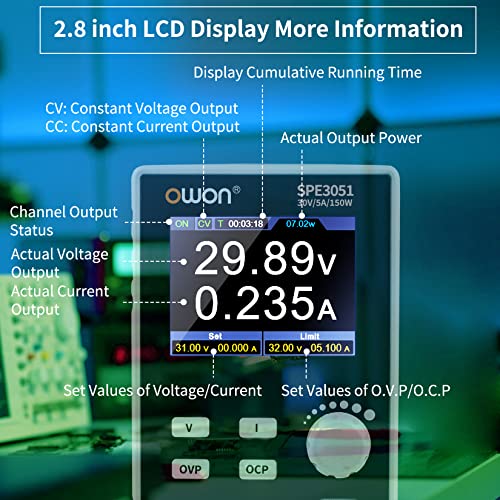 Image of OWON SPE3051 Programmable Lab Power Supply (0-30V 0-5A), 150w Bench DC Power Supply with 2.8 inch LCD Display and Output Enable /Disable Button,Single Channel Output with PC Software and USB Charging