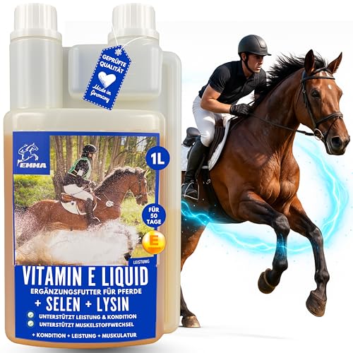 EMMA Selen Vitamin E Lysin Liquid für Pferde – hochdosiertes Vitamin E Selen Lysin zur Unterstützung von Muskulatur Energie Stoffwechsel Regeneration – Muskelaufbau Pferd Ergänzungsfutter 1 L