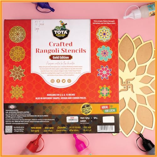 Image of TOTA Rangoli Stencil Corner - Set of 5 Rangoli Colour Bottles + 1 MDF Stencils | 12 X 12 inch | Reusable 3D Rangoli for Diwali Home Decoration Navratri Pongal Onam Puja