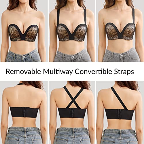 Mirgoo Women's Strapless Plunge Push Up Bra Lace Wirefree Support Anti-Slip Multiway, Black,36C #TOP4