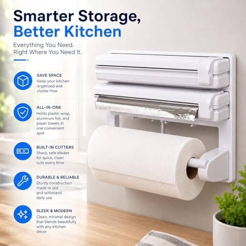 Image of Wall Mounted Foil and Cling Film Dispenser with Cutter - 3 in 1 Kitchen Wrap Organizer with Paper Towel Holder for Aluminium Foil, Butter Paper, Food Wrap and Roti Sheets