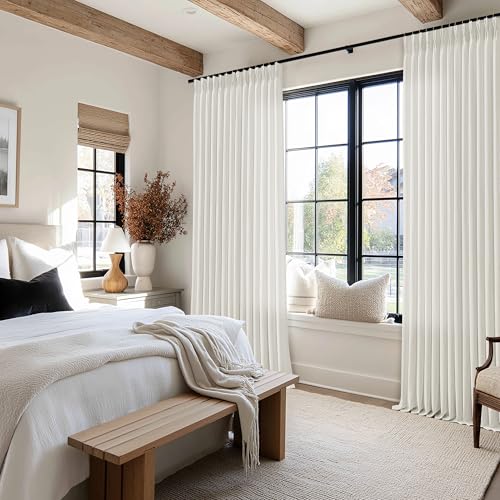 Image of Natural Beige Semi Sheer Pinch Pleated Linen 70 Inch Extra Wide Curtains