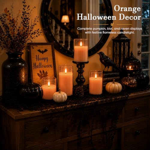Image of Homemory Orange Glass Flameless Candles, Fall Decor, Remote Timer, 3 Pack