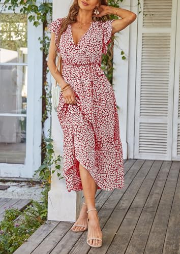 PRETTYGARDEN Women's Summer Floral Boho Maxi Dress Wrap Short Sleeve V Neck Ruffle A-Line Flowy Wedding Guest Long Dresses