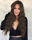 AISI HAIR Long Curly Wavy Dark Walnut Brown Wigs for Women Middle Part Natural Looking Heat Resistant Fiber Synthetic Wigs for Daily Use