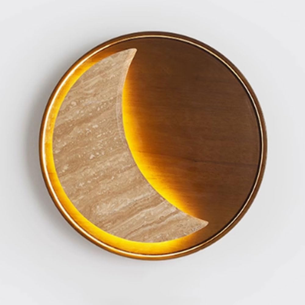 SSBHDM LED Light Source Yellow Travertine Wall Light, 14.1 Inch Round Wood Wall Lamp, Wabi Sabi Style Wall Sconce, Living Room Balcony Restaurant Wall Mounted Lighting Fixtures