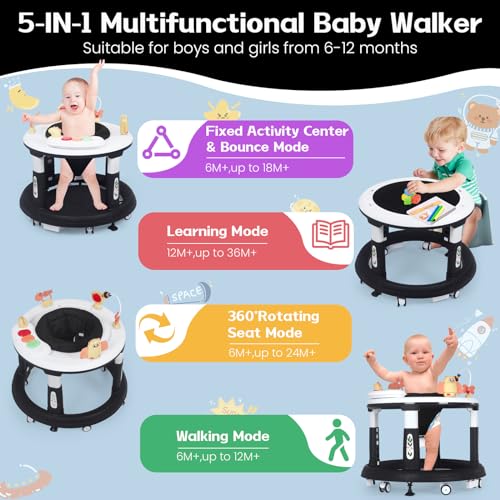 Baby Walker, 5 in 1 Walker for Baby Boy Girl 6-12 Months, Foldable Baby Walker with Wheels, Activity Center for Toddler Infant 6-18 Months with Bouncer & Learning Mode, Music, Adjustable Heights