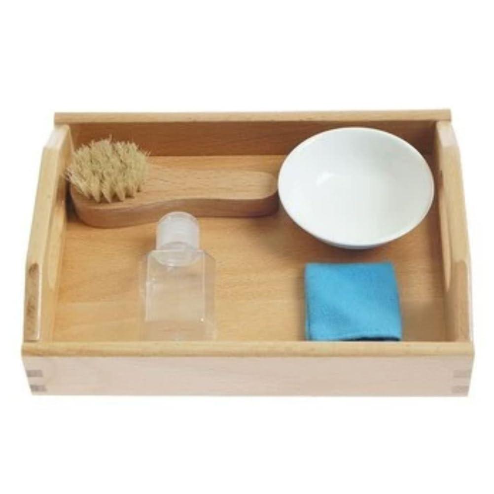 ttnmrc Montessori Shoe Cleaning Practical Life Set, Kids Shoe Washing Work Tray with Wooden Brush, Bowl, Spray Bottle & Cloth