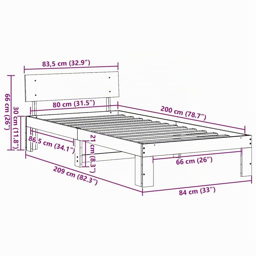 vidaXL Cadre de lit avec tête de lit Naturel 80 x 200 cm Pin Massif