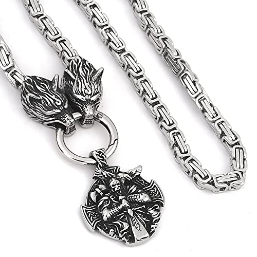 YABEME Viking Odin Collier Pendentif, Chaîne de Roi en Acier Inoxydable Robuste Tête de Loup Lien Hommes Amulette Bijoux, avec Sac Cadeau Valknut Rune,27inch Cover