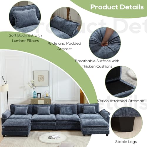 Image of Oprisen 154 inch Modular Sectional Sofa, Comfy Cloud Couch Sectional Sofa with Ottoman, Chenille Sofa Sleeper Deep Seat Sofa with Throw Pillows for Living Room (Blue, 154 inch- U Shape)