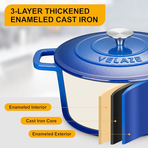 Image of Velaze 6 QT Enameled Cast Iron Dutch Oven Pot with Lid, Blue