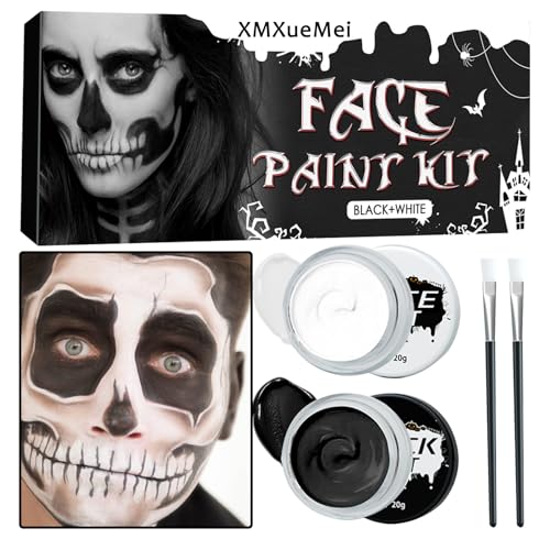 Black White Face Body Paint Set,Professional Oil Based Face Painting Kit with 2 Brushes,Halloween Face Paint SFX Makeup Palette Kit for Skull Costume Party Skeleton Cosplay Clown Art Theater