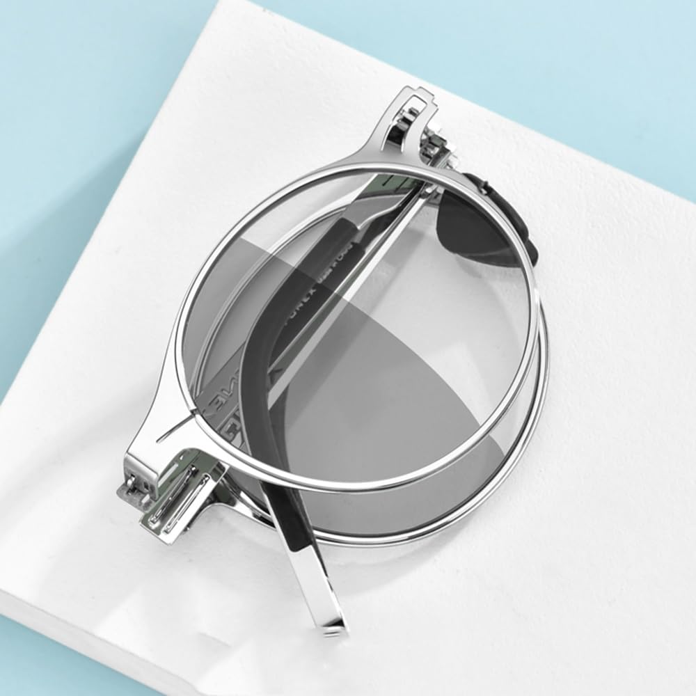 SFIVE Lunettes De Lecture Photochromique Pliables Lunettes De Soleil pour Hommes Femmes Portables Lunettes pour Lire Ronde 1.0-3.0 (Color : Silver, Size : +3.0)