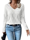Stil: Lässig GORGLITTER Langarmshirt Damen V-Ausschnitt Oberteil Mit Spitze Langarm Spitzentop Spitzenshirt Elegant Weiß S