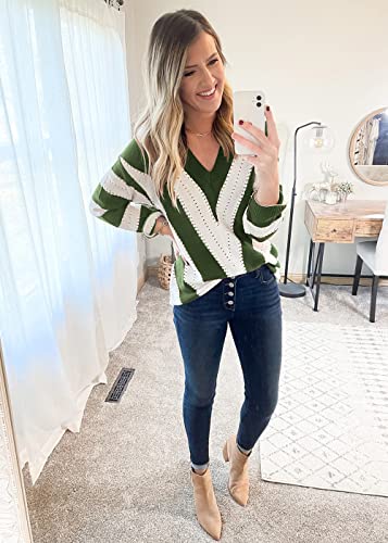 PRETTYGARDEN Sweaters for Women 2025 Long Sleeve Striped Knitted V Neck Pullover Jumper Tops Fall Outfits Fashion Clothing