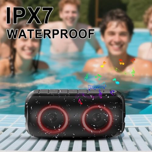 Bluetooth Lautsprecher mit Licht, 2026 Neues Musikbox Tragbarer Bluetooth Box mit 20W Spitze, 52mm Durchmesser Dual Lautsprecher, Tiefer Bass, RGB Lichter, IPX7 Outdoor Speaker für Reisen/Party/Strand