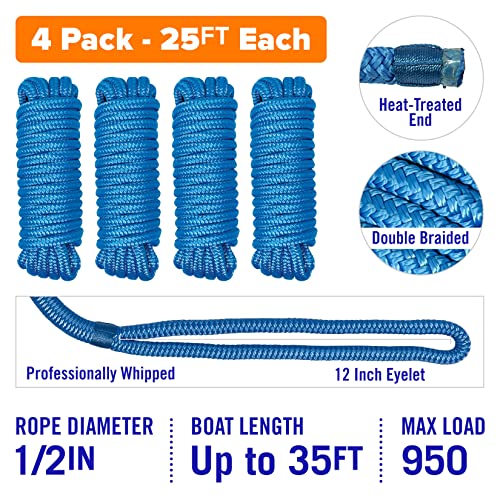 Image of Dock Lines for Boats 1 /2 inch x 25ft, 4 Pack Double Braided Nylon Boat Rope
