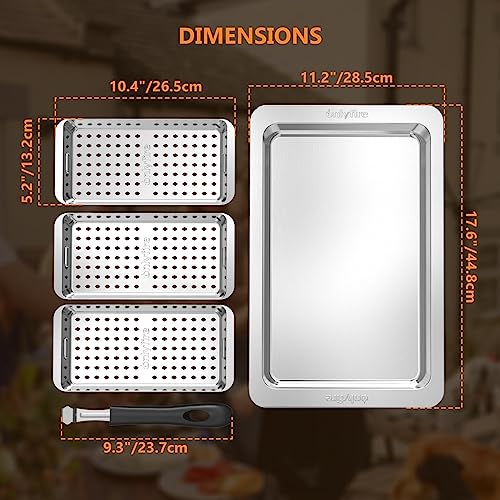 onlyfire Grillkorb Set, Grillpfännchen für Gasgrill, Enthält 3 Edelstahl Grillkörbe mit Löchern, 1 Serviertablett und Hebegriff, BBQ Grillschalen, Gemüsekorb, Gemüse für Gemüse, Fleisch, Brot