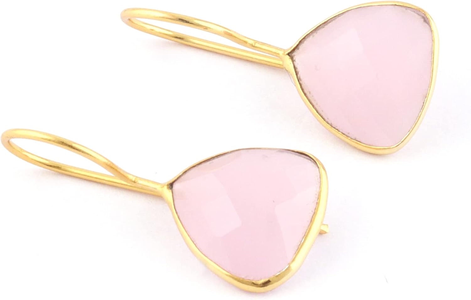 Guntaas Gems Beautiful Checker Cut Trillion Shape Pink Chalcedony Brass Yellow Gold Plated Drop Dangle Fashion Earrings