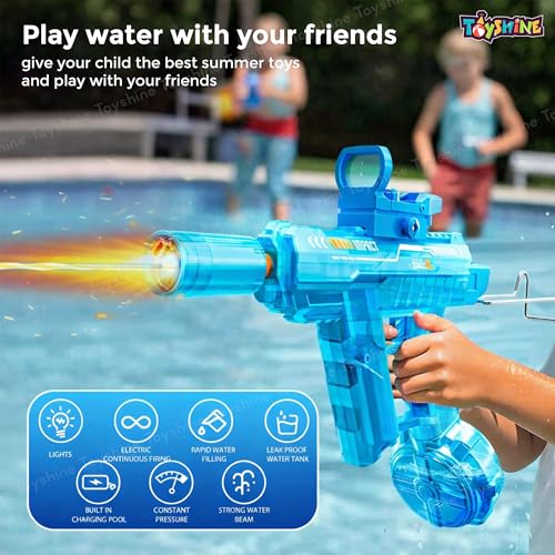 Image of Toyshine Rechargeable Automatic Transparent Electric Water Squirt Gun with LED Light & Type-C Charging | Long Range Continuous Spray Outdoor Water Play Toy for4+ Kids - Blue